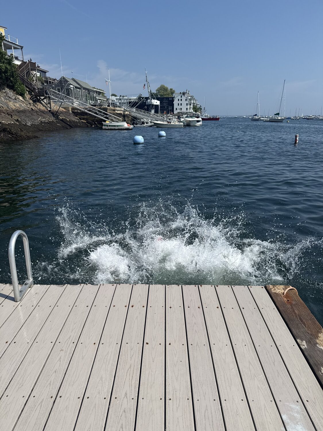 A swimmer splashing into Marblehead Harbor off the Crocker Park dock on a summer day